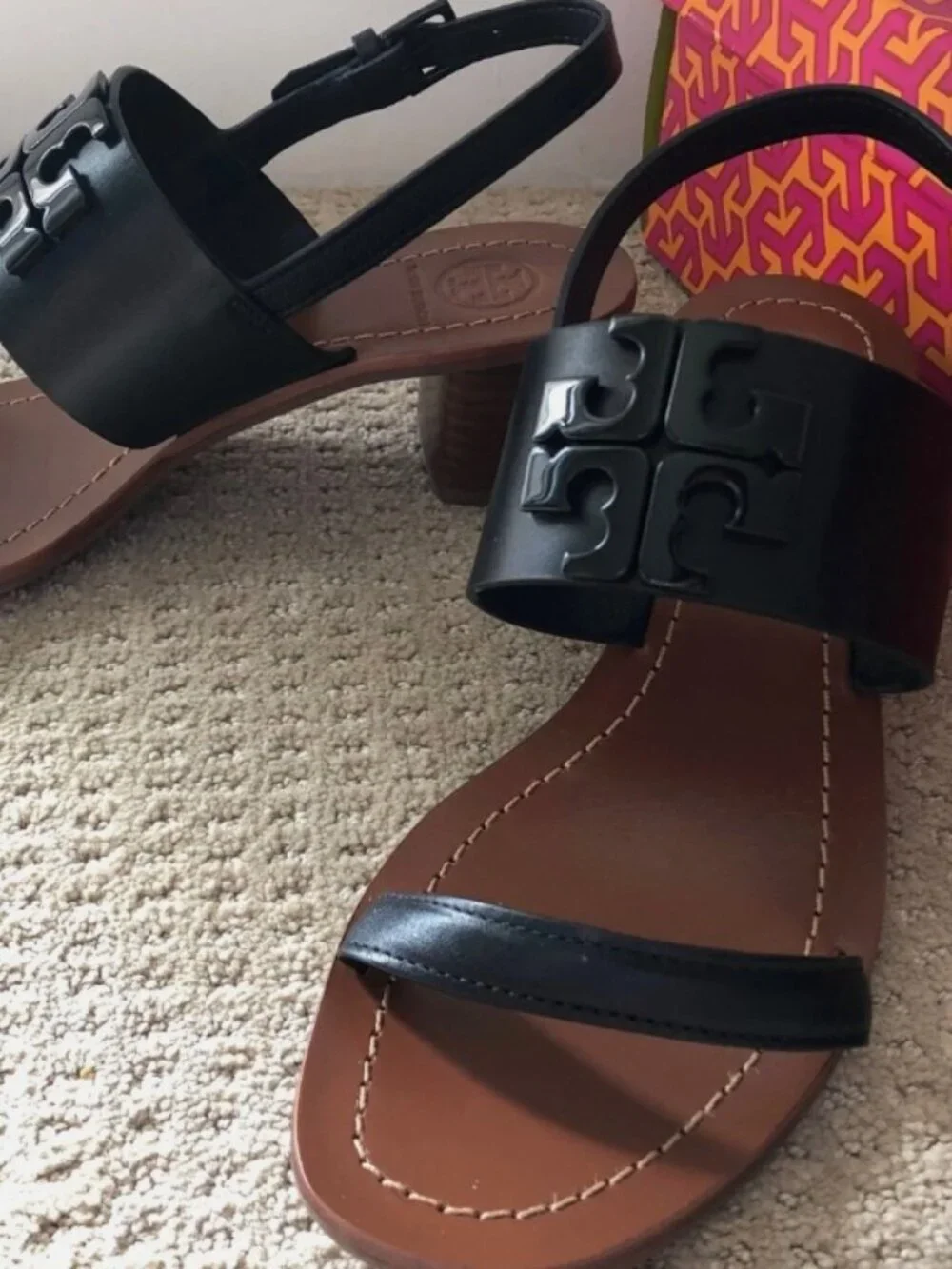 Tory Burch Lowell Women’s Slingback Black Leather Heeled Sandal (Size: 7M)